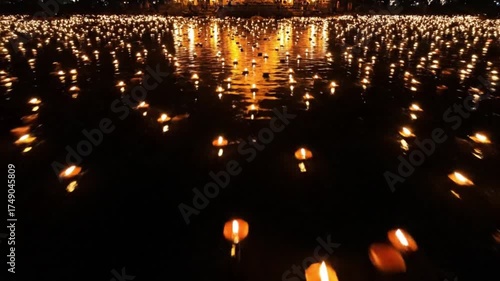 Thousands of glowing lanterns floating on a serene body of water at night with warm reflections