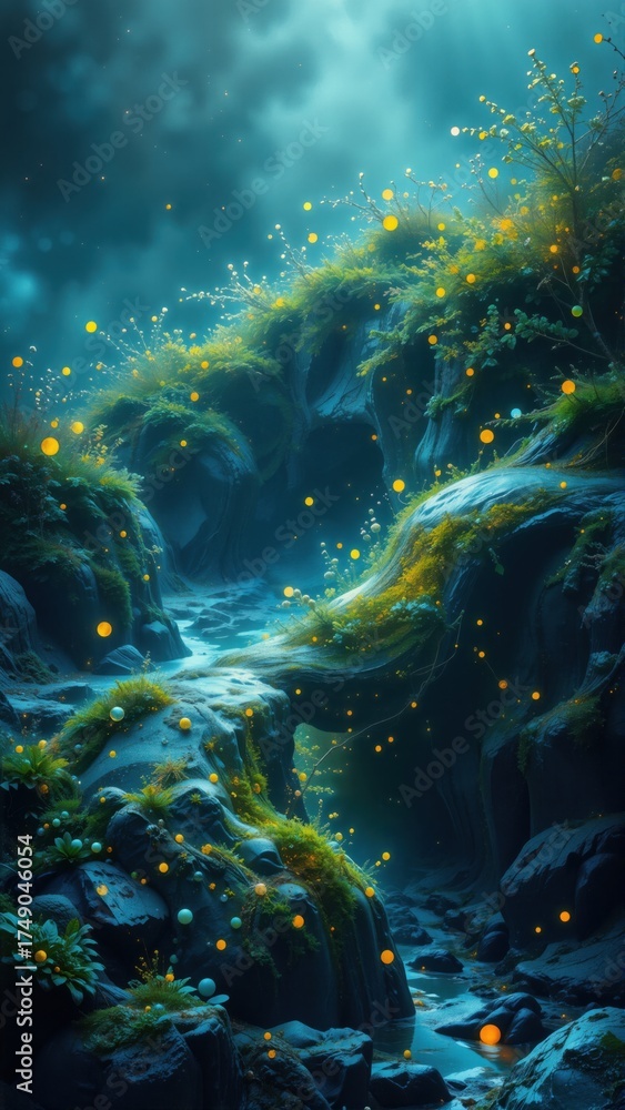Fototapeta premium Mystical Forest Stream with Glowing Particles