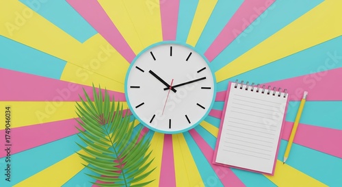 Colorful workspace with clock notebook pencil and tropical leaf concept
