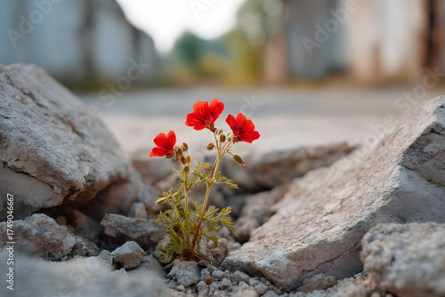 A vibrant flower thrives in the face of adversity, blooming amidst the rubble, symbolizing resilience and hope.