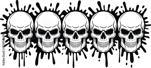 Five skulls in a row with dripping black ink splatter effect