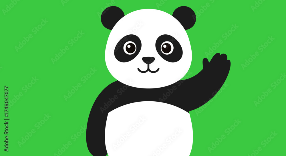 Fototapeta premium Cartoon Panda Waving Hello on Green Background.