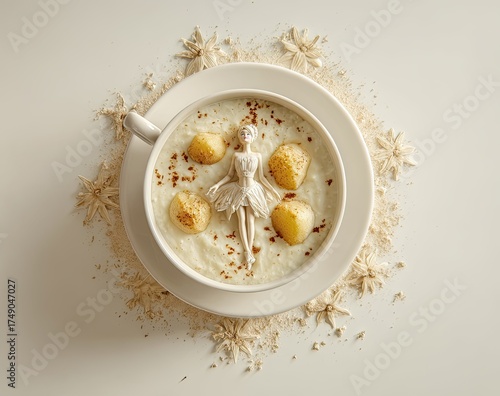 Delicate doll figurine, nestled within a creamy porridge, surrounded by flower-shaped decorations