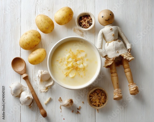 Creamy potato soup, ingredients, and wooden doll