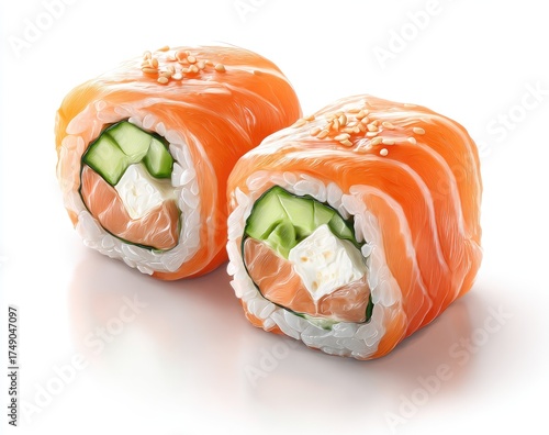 Two salmon sushi rolls, topped with sesame seeds, on white background.  Fresh, vibrant colors