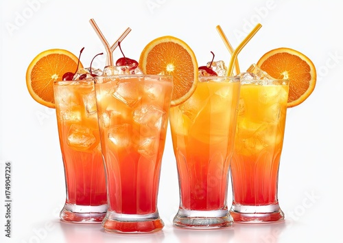 Four vibrant cocktails, layered in hues of orange and red, garnished with orange slices and maraschino cherries, are presented on a white background