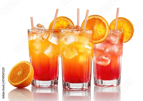 Three layered cocktails, vibrant orange and red, garnished with orange slices and red straws, on a white background