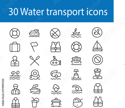 Water Transport Icons Set, Marine and Nautical Line Symbols, Ship, Boat, and Sea Travel Vector Illustration on White Background