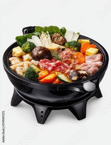 Black pot brimming with a colorful variety of ingredients, likely a hot pot