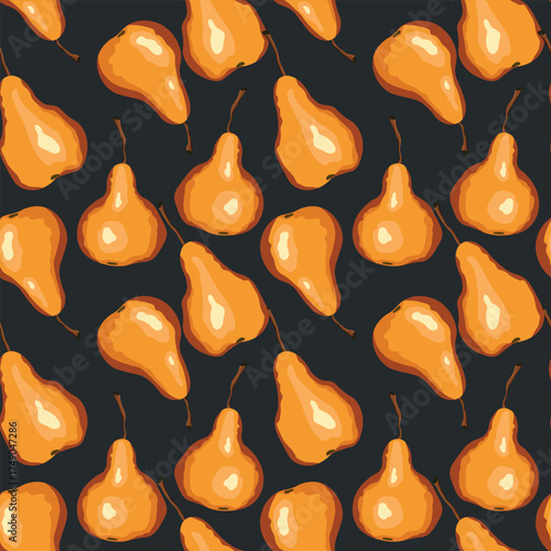Seamless pattern with pear on color background. Natural delicious fresh ripe tasty fruit. Sweet pears with leaves. Food concept. Vector illustration for print, fabric, textile.