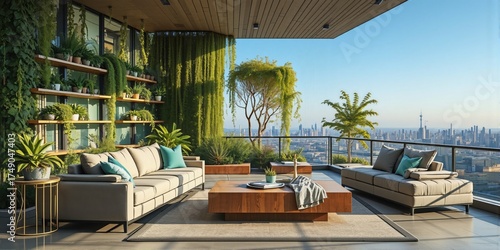 Modern Rooftop Lounge with City View and Greenery