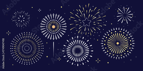 Collection of stylized white and gold fireworks exploding against a dark navy blue night sky background