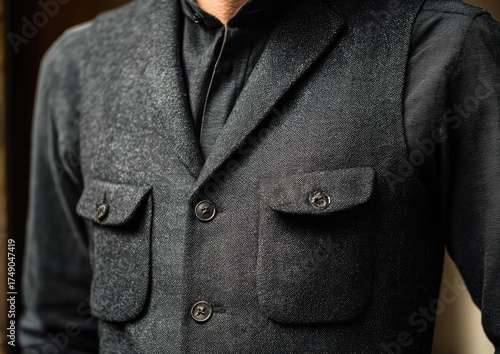 Close-up of a dark gray/black vest over a black collared shirt.  The vest has two large, structured pockets