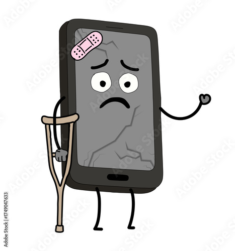 Sad, injured smartphone with a cracked screen, band-aid, and crutch, symbolizing a broken device, tech repair, or digital detox needs.