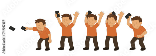 Sequence of an Angry Man Smashing and Throwing his Smartphone in Frustration, Illustrating for Digital Stress and Frame by Frame Animation.