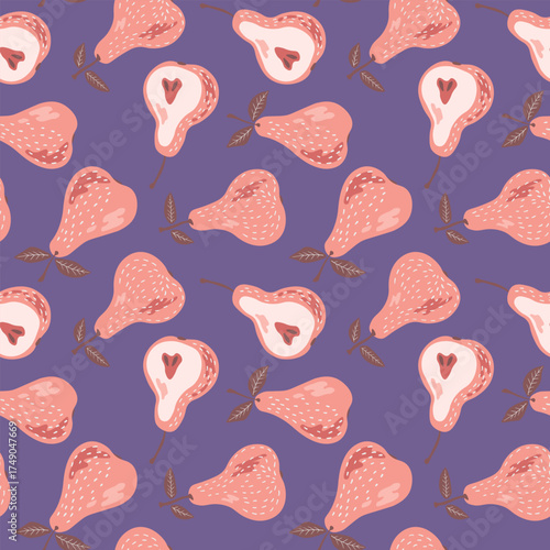 Seamless pattern with pear on color background. Natural delicious fresh ripe tasty fruit. Sweet pears with leaves. Food concept. Vector illustration for print, fabric, textile.