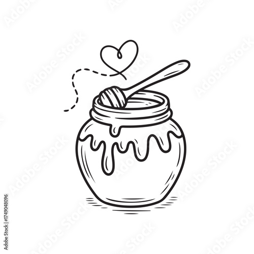A vintage sketch of a jar of honey with a wooden dipper inside. The honey is dripping down the sides. Include a small, whimsical heart floating above the jar, connected by a dashed line. Line art, bla