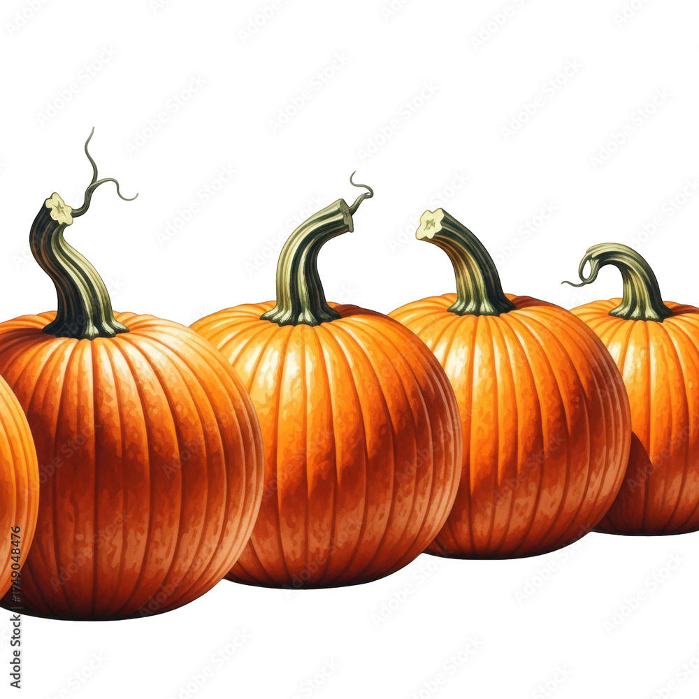 Obraz premium Row of Pumpkins with Orange Color Isolated on Transparent Background, Harvest Seasonal Vegetable
