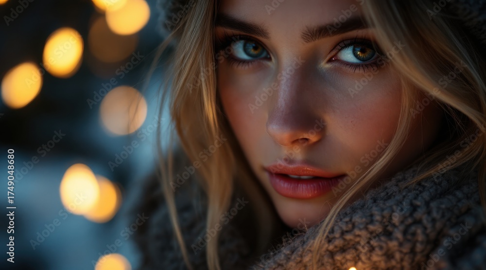 Fototapeta premium blonde woman Christmas theme concept. Captivating portrait of a woman with glowing eyes and warm background lights.