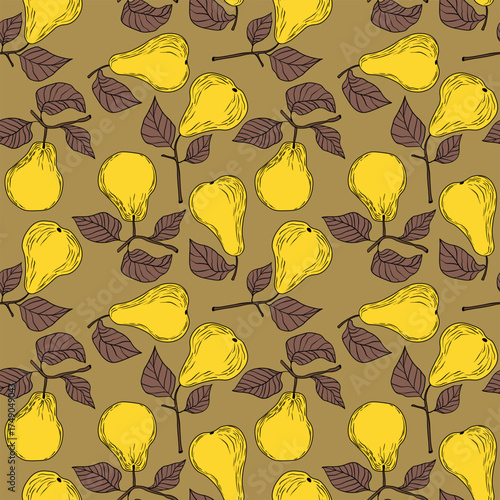 Seamless pattern with pear on color background. Natural delicious fresh ripe tasty fruit. Sweet pears with leaves. Food concept. Vector illustration for print, fabric, textile.