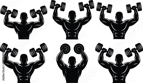 Bodybuilder lifting dumbbells in silhouette for fitness and training concept