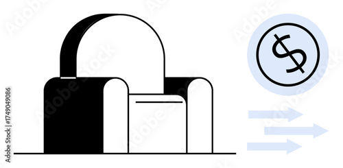 Contemporary armchair design alongside a dollar sign and arrows indicating financial exchange. Ideal for furniture trade, interior economics, online payment, investment, budget allocation, consumer