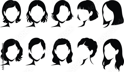 Collection of black silhouette woman hairstyles vector design illustration set