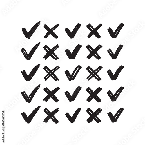 Hand-Drawn Checkmarks and Crosses Collection. 