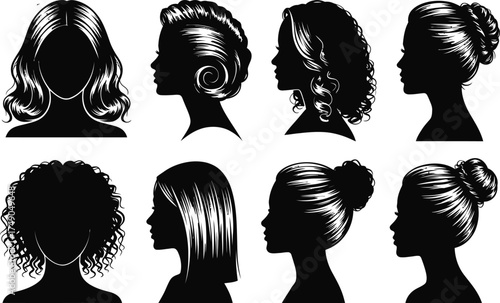 Collection of female hairstyles silhouette portraits for beauty and fashion design