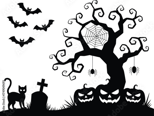 Halloween silhouette scene with bats spooky tree jack o lanterns and black cat