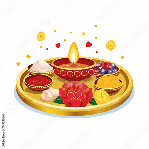 A decorative golden puja thali with a lit diya lamp, flowers, sweets, and colored powders for a Hindu festival.