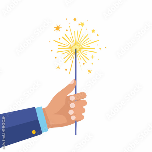 A cartoon hand in a blue business suit sleeve holds a lit golden sparkler against a white background.