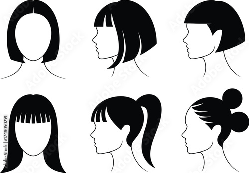 Collection of woman hair styles black and white simple outlines vector