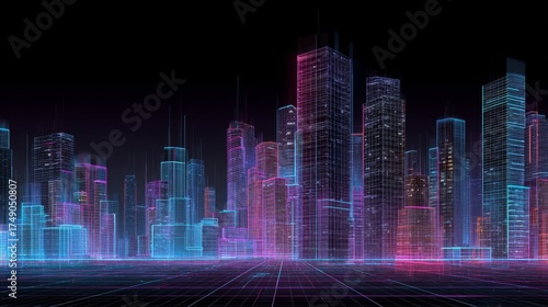 digital cityscape with buildings and data streams elements
