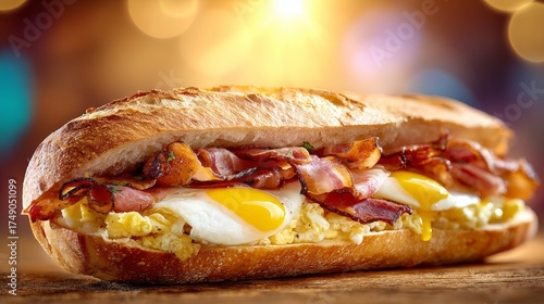 French baguette sandwich with eggs, bacon, and cheese