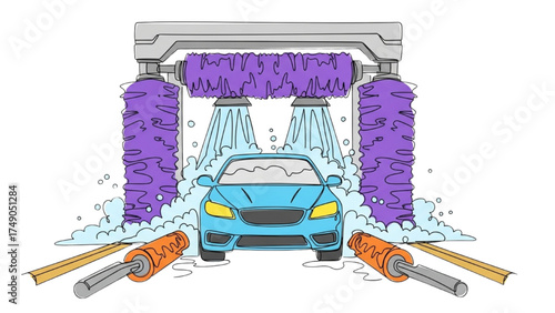 Colorful Continuous Line Art of Car in Automated Car Wash Tunnel with Rollers, Brushes, and Water Spray, Modern Vehicle Cleaning Technology Illustration