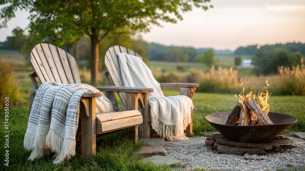 Fototapeta premium Cozy outdoor seating with blankets, fire pit, and a peaceful natural setting capturing a warm evening ambiance