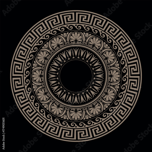 Greek round pattern on black background. Patterns of Greece and ancient Rome. Greek pattern. Greek meander. Circle european border. Round antique border from Greek. 