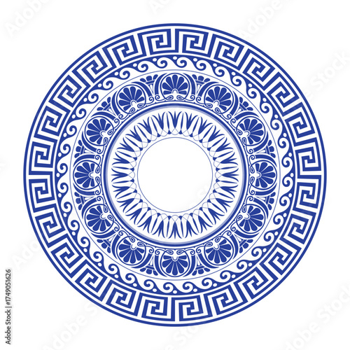 Round blue porcelain plate with arabesques, floral ornament. Greek style. Template for textiles, engraving, forging, embroidery, porcelain, plate. Vector element for design.