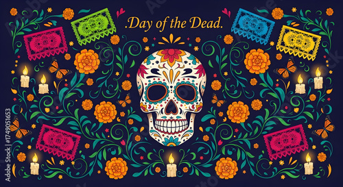 Ornate sugar skull banner for the Mexican Day of the Dead holiday with marigolds candle and papel picado