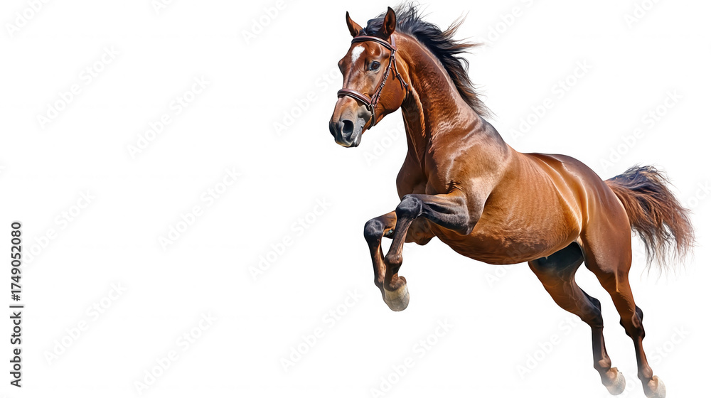 Obraz premium A brown horse with a bridle rearing up on a black isolated background on transparent background