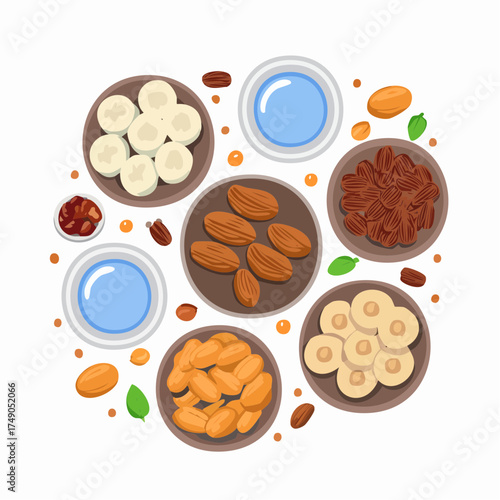 A circular arrangement of various dried fruits and nuts, including almonds, dates, and banana slices, with small bowls of water.
