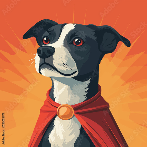 A Super Dog Wearing A Red Cape Poses Courageously , vector style simple color