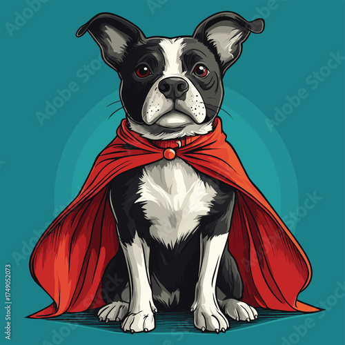 A Super Dog Wearing A Red Cape Poses Courageously , vector style simple color