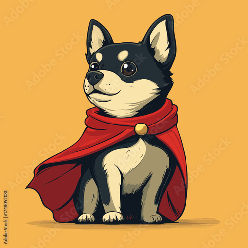 A Super Dog Wearing A Red Cape Poses Courageously , vector style simple color