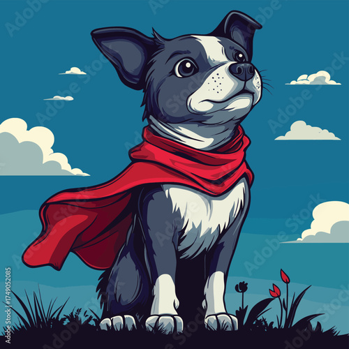 A Super Dog Wearing A Red Cape Poses Courageously , vector style simple color