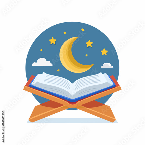 Illustration of the holy Quran on a wooden stand with a night sky, crescent moon, and stars.