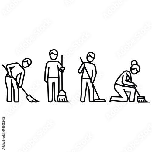 Creative design vector art of set of four simple line art icons depicting people sweeping and cleaning the floor