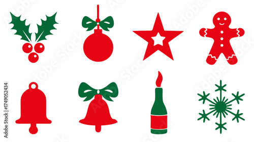 Christmas holly bow ornament star gingerbread bell candle snowflake red green festive icons