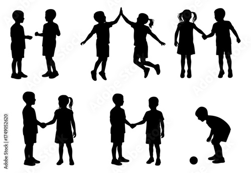 Silhouettes of boys and girls playing talking jumping shaking hands and picking up ball vector illustration.